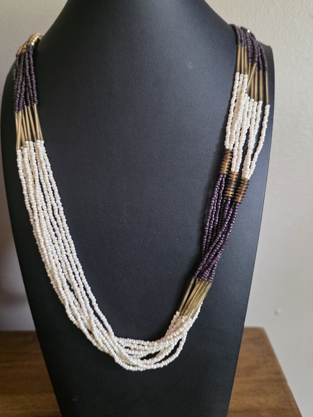Multi-Strand Ivory and Dark Purple Beaded Necklace with Brass Accents.Tribal.